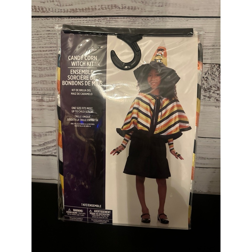 Candy Corn Witch Kit Kids Halloween Costume Accessories Hat Cape Gloves 3pc Set
